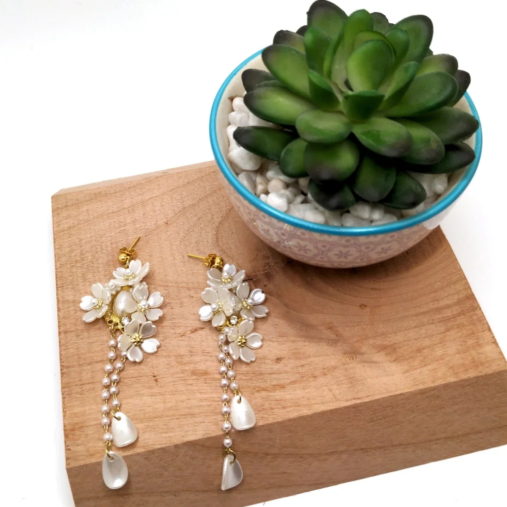 White Floral Wedding Bridal Earrings with Pearl Accents - Picture 9 of 9